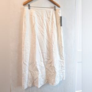 KATE HILL Women's 100% Linen White Eyelet Maxi Skirt Size 16